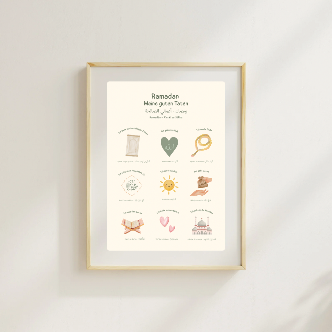 Islamisches Kinderposter für Ramadan mit To-do-Liste guter Taten, dreisprachig Deutsch Arabisch und Transkription, ruhiges minimalistisches Design