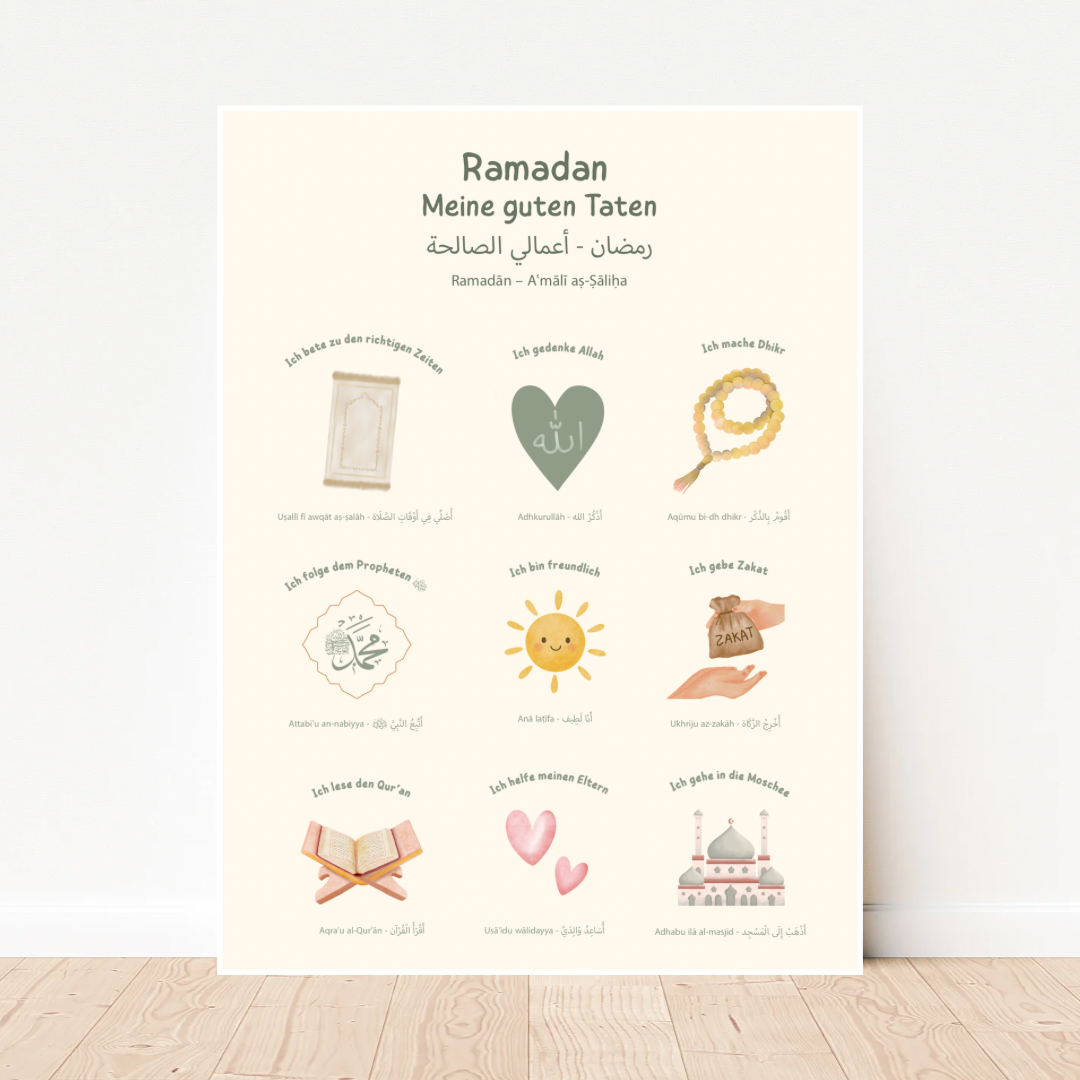 Ramadan Lernposter für Kinder „Meine guten Taten“ mit Illustrationen zu Gebet, Dhikr, Zakat, Qur’an und Moschee in Deutsch, Arabisch und Transkription